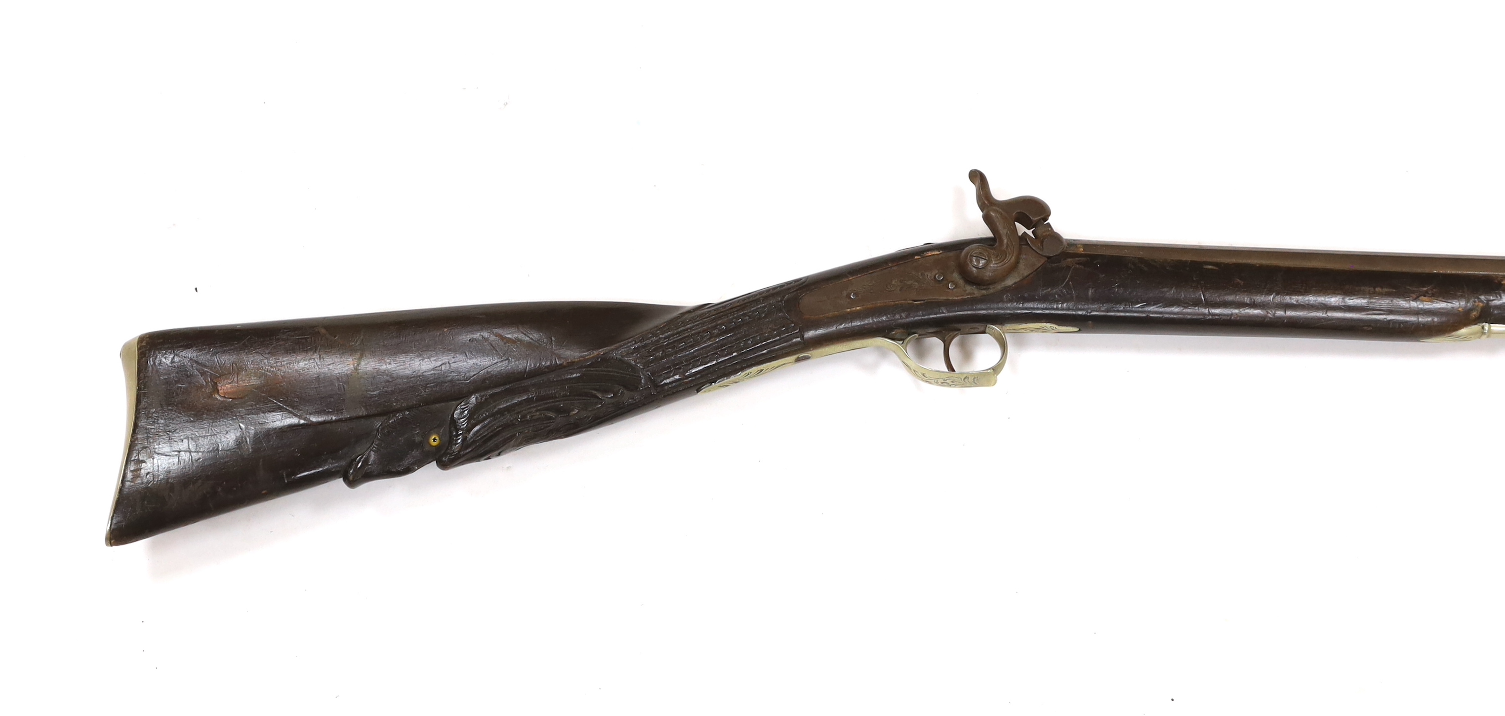 A Belgian back action percussion sporting gun made for the South American market c.1900, with engraved nickel furniture and half stocked barrel, barrel 82cm